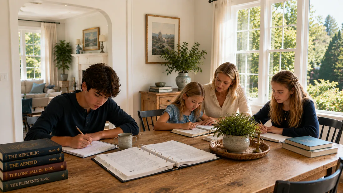 A mother and three children working at a sunlit dining table, notebooks and books open in front of them.