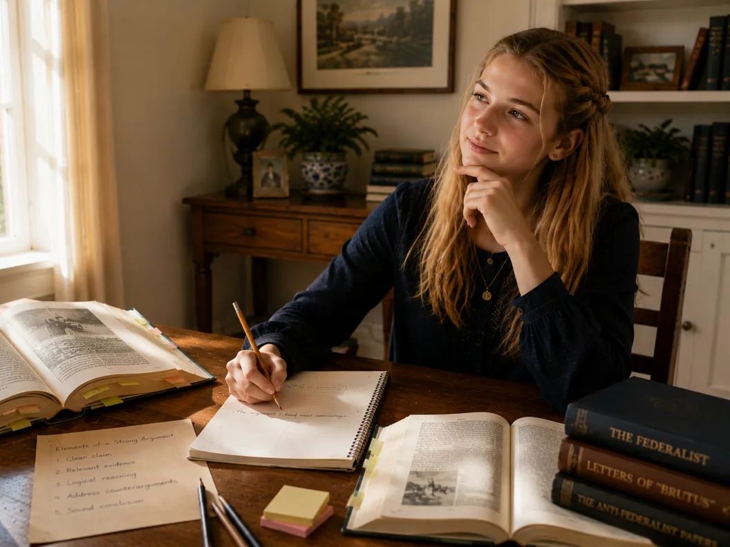 A teenage girl at a dining table, pencil paused over a half-written sentence, chin on her hand, looking up in thought — The Federalist, Letters of “Brutus” and The Anti-Federalist Papers open and stacked beside her notes.