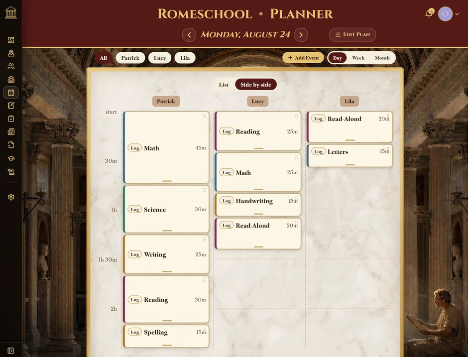The Romeschool planner on a Monday, showing three students side by side with their lessons and how long each one takes.