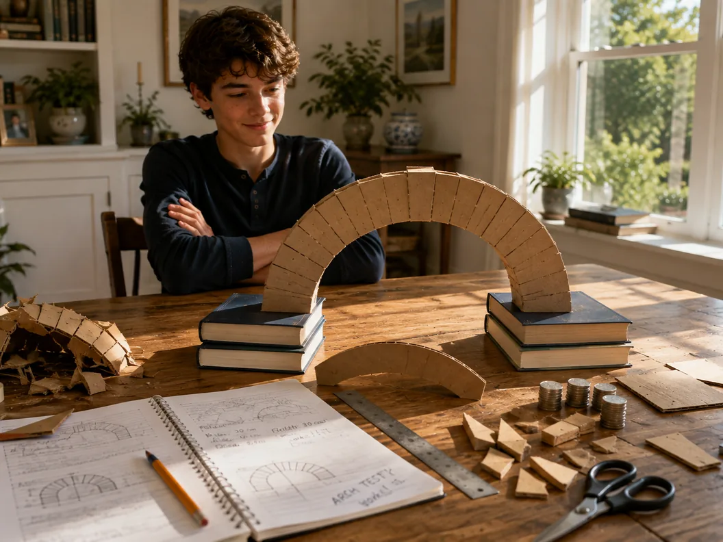 A teenage boy sitting back from a table with his arms folded, looking at the freestanding cardboard arch he has built — voussoirs and keystone visible — spanning between two stacks of books, his collapsed first attempt still beside it.